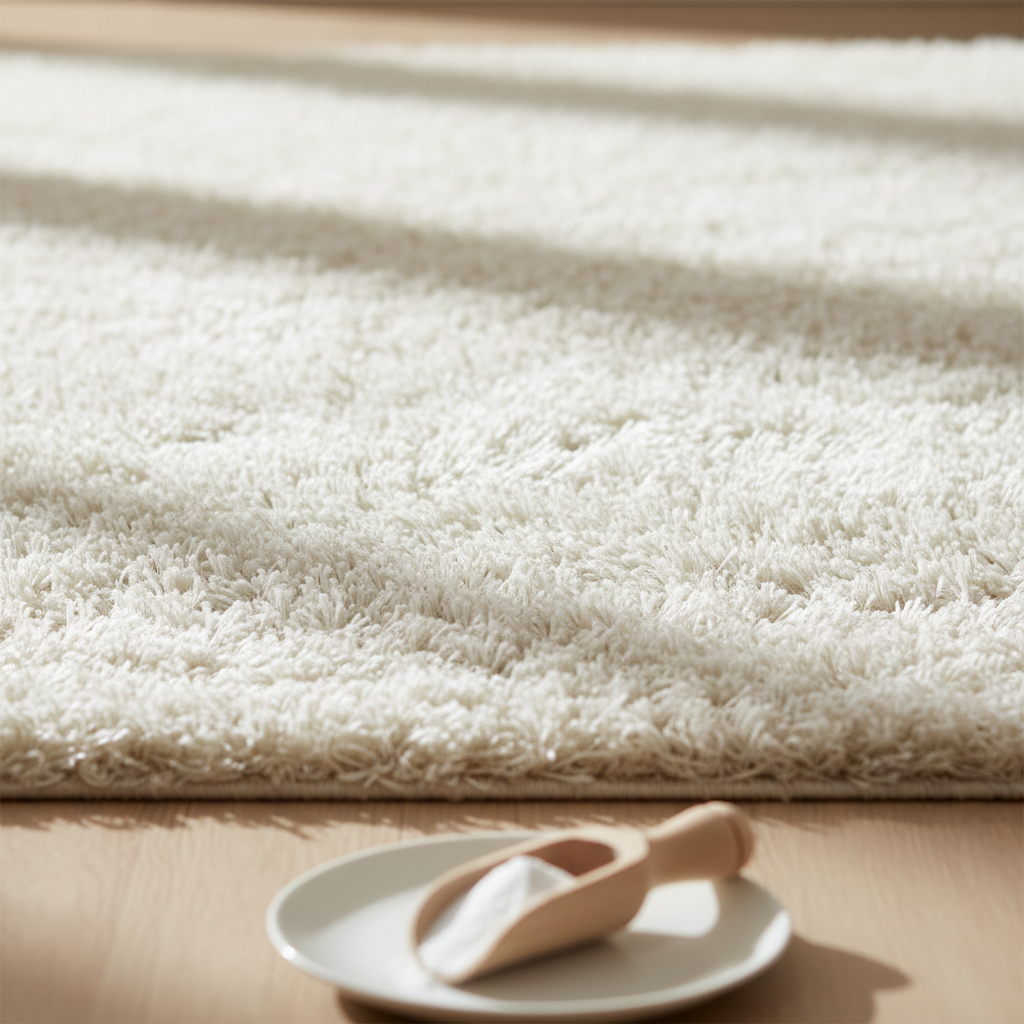 A professional, brightly lit photo of a pristine, freshly cleaned high-pile carpet, its fibers standing tall and fluffy, radiating a sense of ultimate freshness and cleanliness. The light catches the individual fibers, highlighting their softness and inviting texture. In the foreground, subtly out of focus, a small, elegant wooden scoop with a gentle sprinkle of white powder (like baking soda) rests on a clean, simple surface, hinting at natural cleaning solutions. A soft, diffused light fills the scene, suggesting a well-ventilated, odor-free environment. The image evokes a feeling of comfort and hygiene. No text or labels.