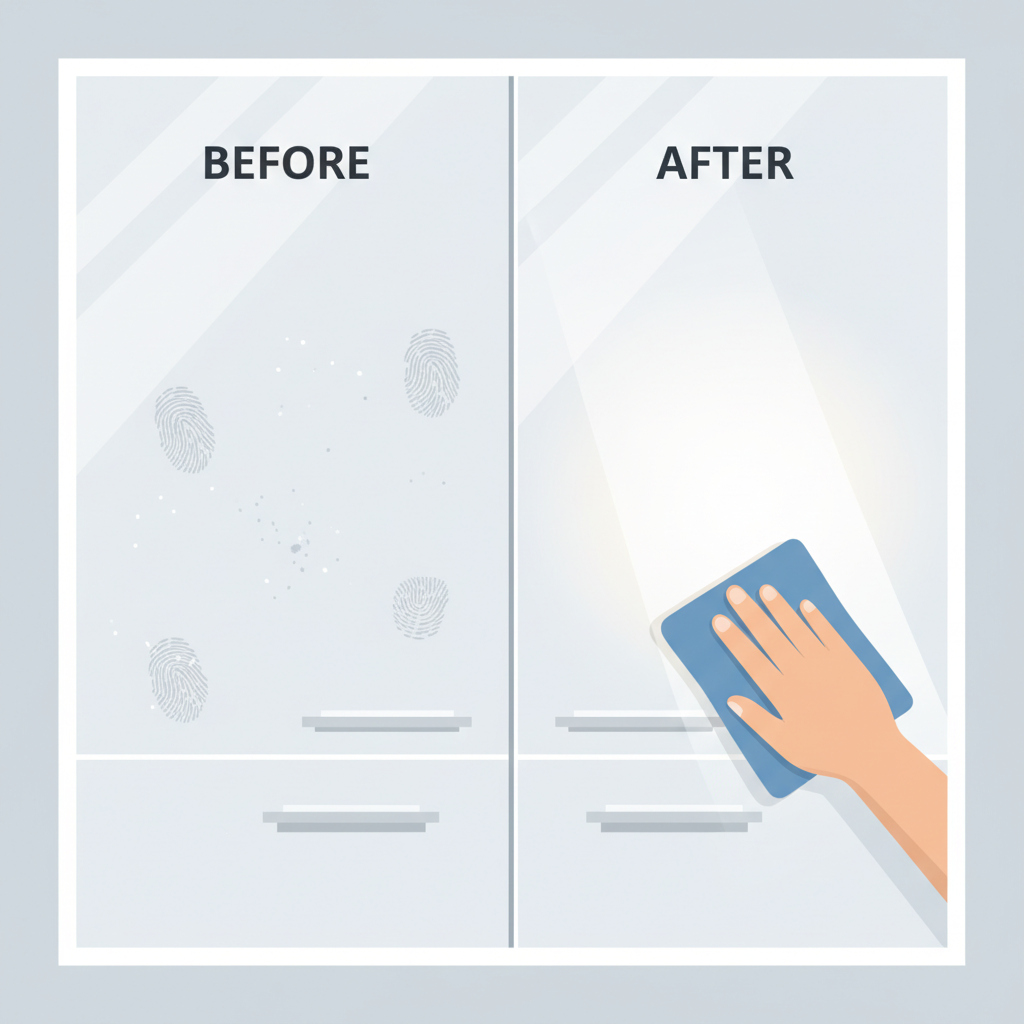 A visually striking split-screen or 'before & after' illustration of a high-gloss kitchen cabinet door. The 'before' side prominently features visible fingerprints, smudges, and light dust, dulling the reflection. The 'after' side shows a perfectly pristine, highly reflective surface, gleaming brightly and completely free of any imperfections. A soft, blue microfibre cloth is gently wiping the clean side, creating a pristine streak. The overall image should convey effortless elegance and the satisfaction of a perfectly maintained surface. Flat illustration style with a modern aesthetic.