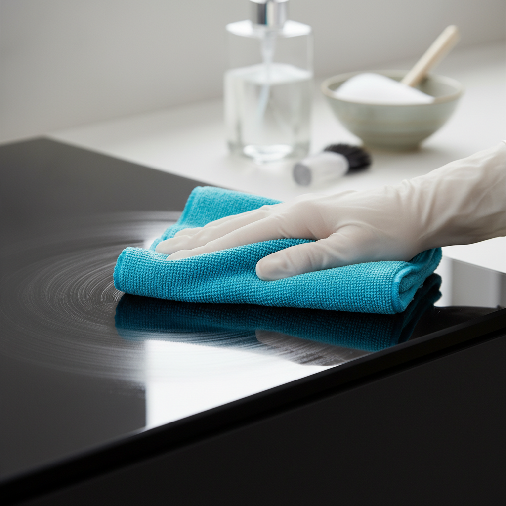 A close-up, professional photo focusing on the gentle cleaning of a high-gloss kitchen surface. A hand, possibly wearing a delicate white glove, is softly wiping a dark, reflective cabinet door with a clean, soft microfibre cloth. The light catches the freshly cleaned area, creating a brilliant, streak-free shine. In the background, slightly out of focus, subtle hints of a clear liquid or a small, elegant bowl with soapy water are visible, emphasizing the use of mild cleaning solutions. Bright, clean lighting, showcasing the reflective qualities.