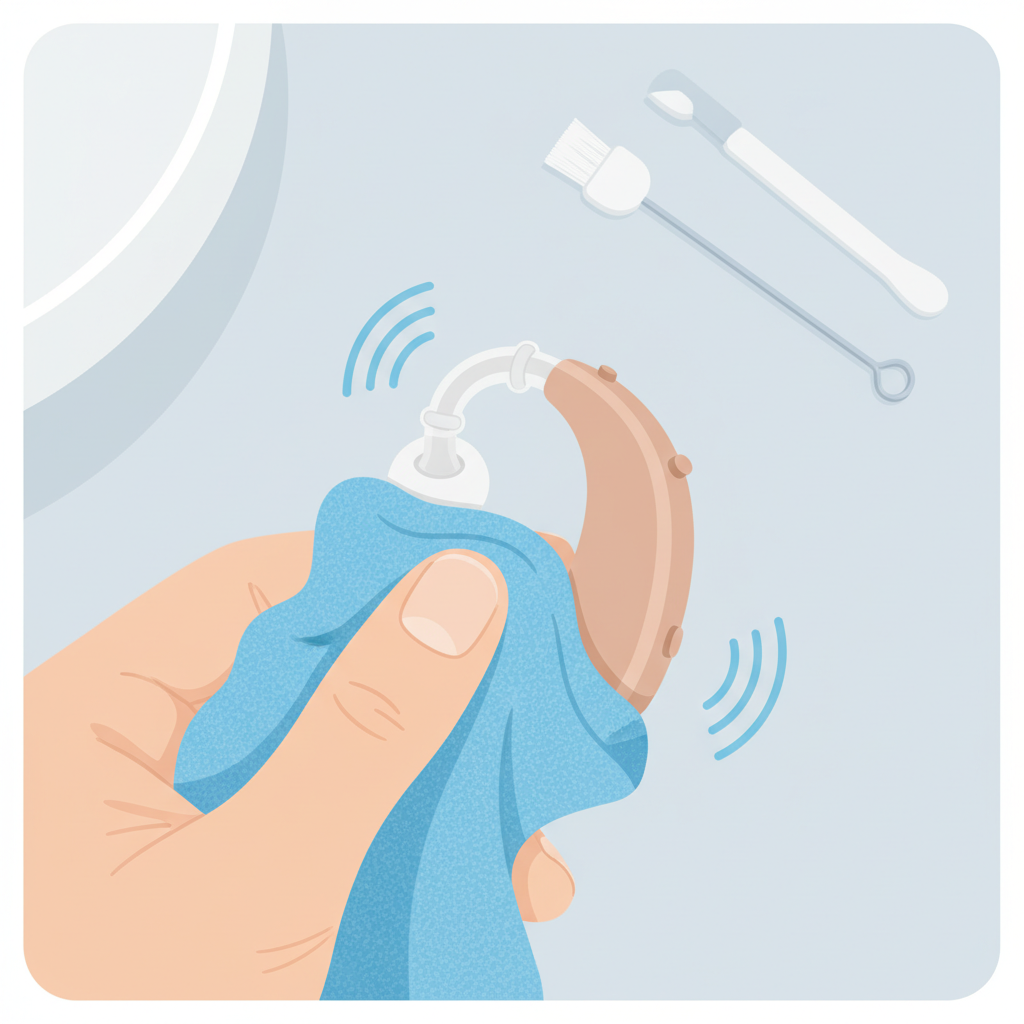 A close-up, flat illustration depicting a gentle hand holding a modern, behind-the-ear hearing aid. The hand is carefully wiping the device with a soft, blue microfiber cloth, ensuring all surfaces are clean. In the background, neatly arranged on a clean, light surface, are small cleaning accessories like a tiny brush and a wax pick, suggesting a comprehensive care routine. Subtle, clear sound waves emanate from the cleaned hearing aid, symbolizing optimal sound quality and longevity. The overall aesthetic should be clean, bright, and inviting, emphasizing ease and effectiveness of daily care.