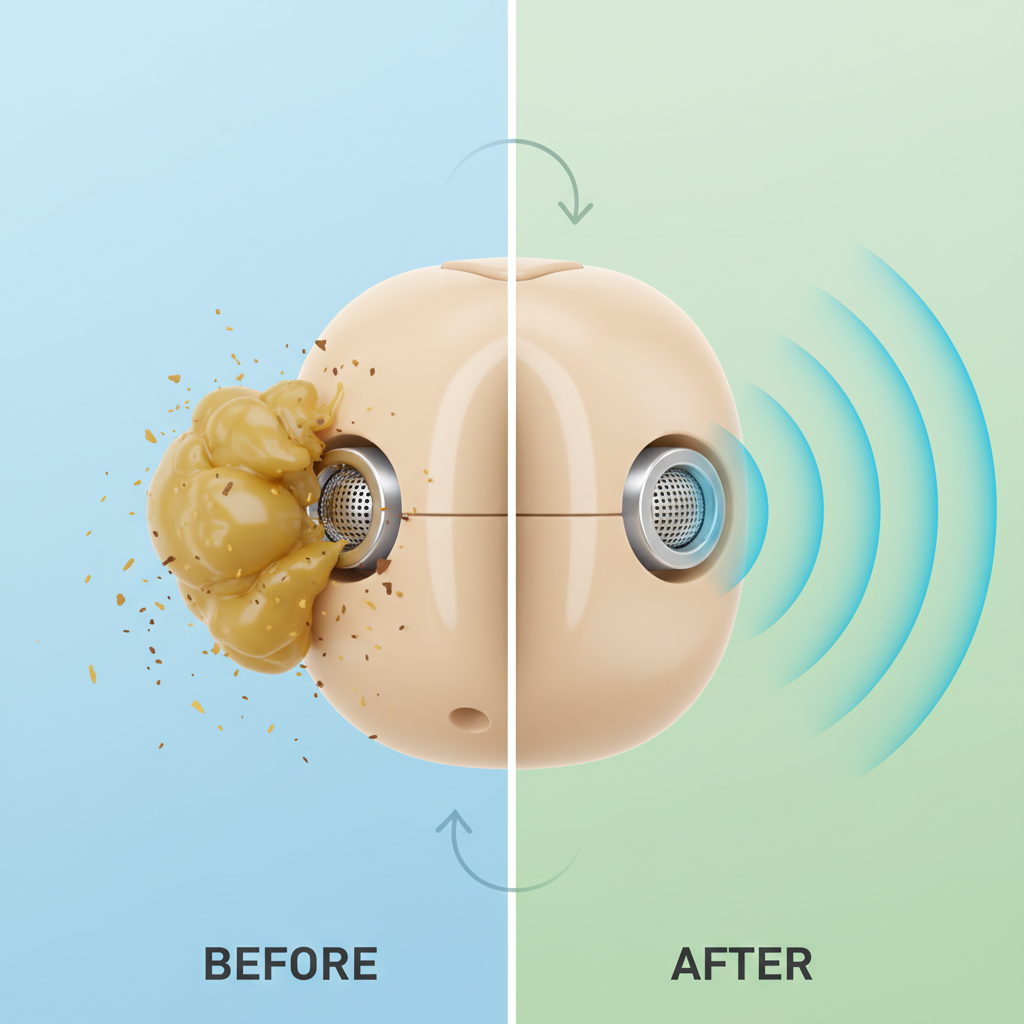 An infographic-style illustration presenting a 'before and after' or 'problem and solution' visual for hearing aid cleanliness. On one side, a detailed, slightly magnified view of a hearing aid's sound port or microphone opening is shown, clearly clogged with visible earwax and tiny debris, indicating reduced functionality. On the other side, the same component is depicted perfectly clean and unobstructed, with clear, vibrant sound waves flowing freely from it. This visual contrast should highlight the critical importance of regular cleaning to prevent blockages and maintain optimal hearing aid performance and hygiene.