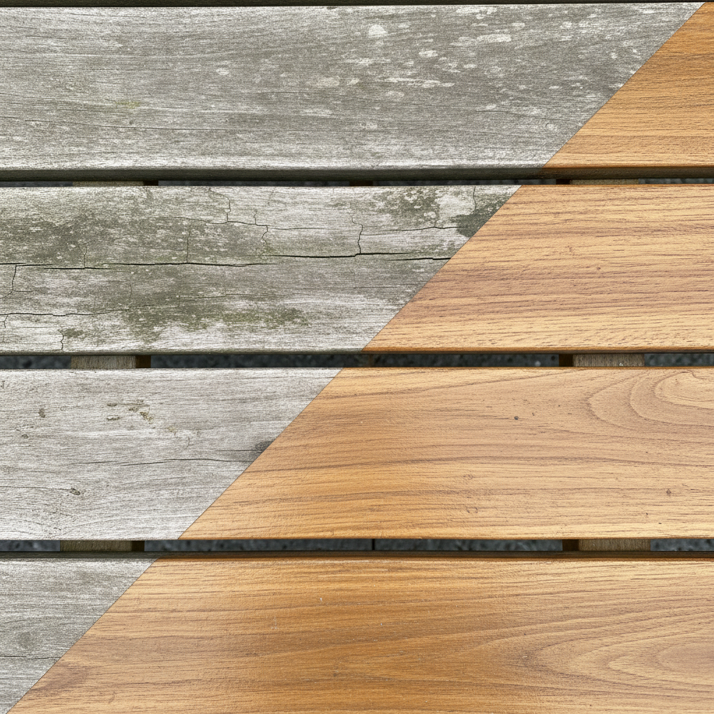 A professional photo of a wooden garden bench or deck surface, split vertically or diagonally. One side clearly shows weathered, dull gray wood, with visible signs of environmental exposure. The other side reveals the vibrant, natural warm brown tone of restored, clean wood, with its grain clearly visible and enhanced. The transition between the two states should be sharp and visually striking, emphasizing the dramatic 'before and after' effect of the treatment.