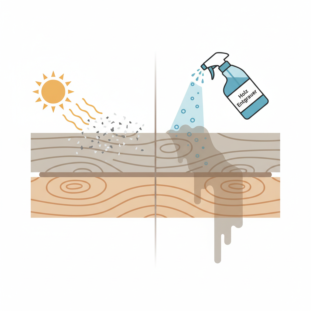 A clean, modern flat illustration in an infographic style depicting the process of wood graying and restoration. On one side, show abstract wood fibers with sun (UV rays) hitting the surface, causing small, irregular gray particles (representing degraded lignin) to form and accumulate. On the other side, illustrate a liquid (representing the Holz Entgrauer) being applied, penetrating the wood, and dissolving these gray particles, which are then depicted as washing away to reveal fresh, natural wood fibers beneath.
