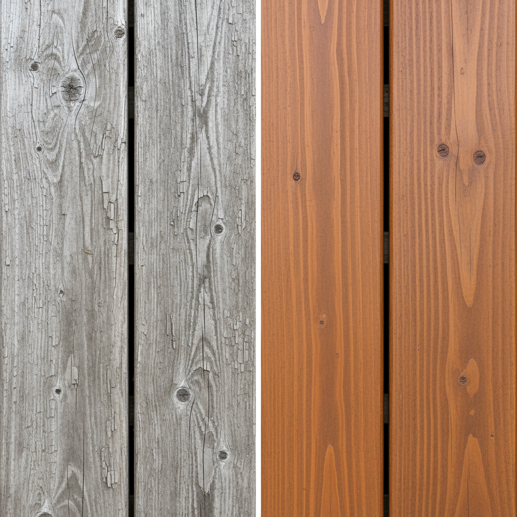 A vibrant, split-screen professional photo showcasing a dramatic before-and-after transformation of a wooden surface. On the left side, a section of an outdoor wooden deck or garden bench appears deeply weathered, with pronounced silver-grey discoloration and a dull, aged texture, clearly showing the effects of vergrauung. On the right side, the exact same section of wood is vividly clean, displaying its rich, warm natural wood color and restored grain patterns, looking fresh and rejuvenated as if just treated. The image emphasizes the stark contrast, clearly illustrating the effectiveness of a wood degreaser.