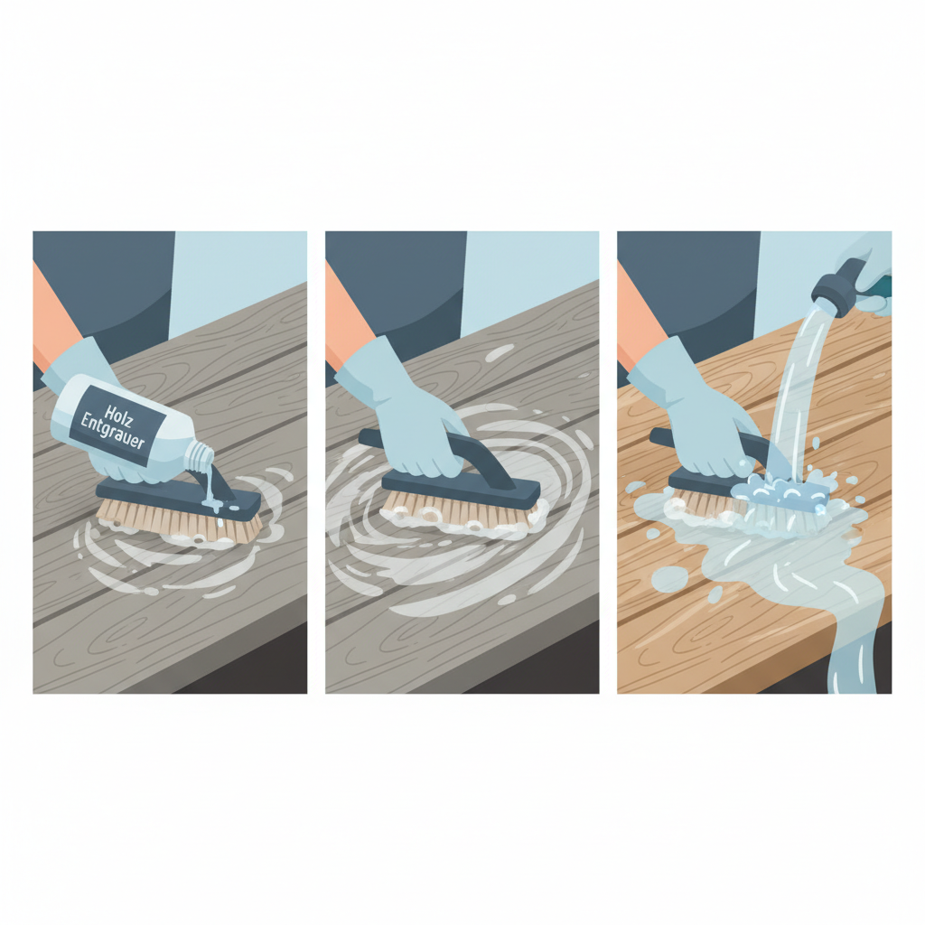 A clean, step-by-step flat illustration depicting the process of wood degreasing. The scene features a close-up of a person's hands wearing protective gloves, actively working on a section of a grey, weathered wooden surface, perhaps a fence or a deck railing. One hand holds a bottle or container of the 'Holz Entgrauer' liquid, while the other uses a sturdy scrubbing brush to work the product into the wood. A gentle stream of water is also visible, suggesting the rinsing step, with greyish residue washing away to reveal lighter, cleaner wood underneath. The overall style is modern, inviting, and easy to understand, focusing on the action and the gradual restoration.
