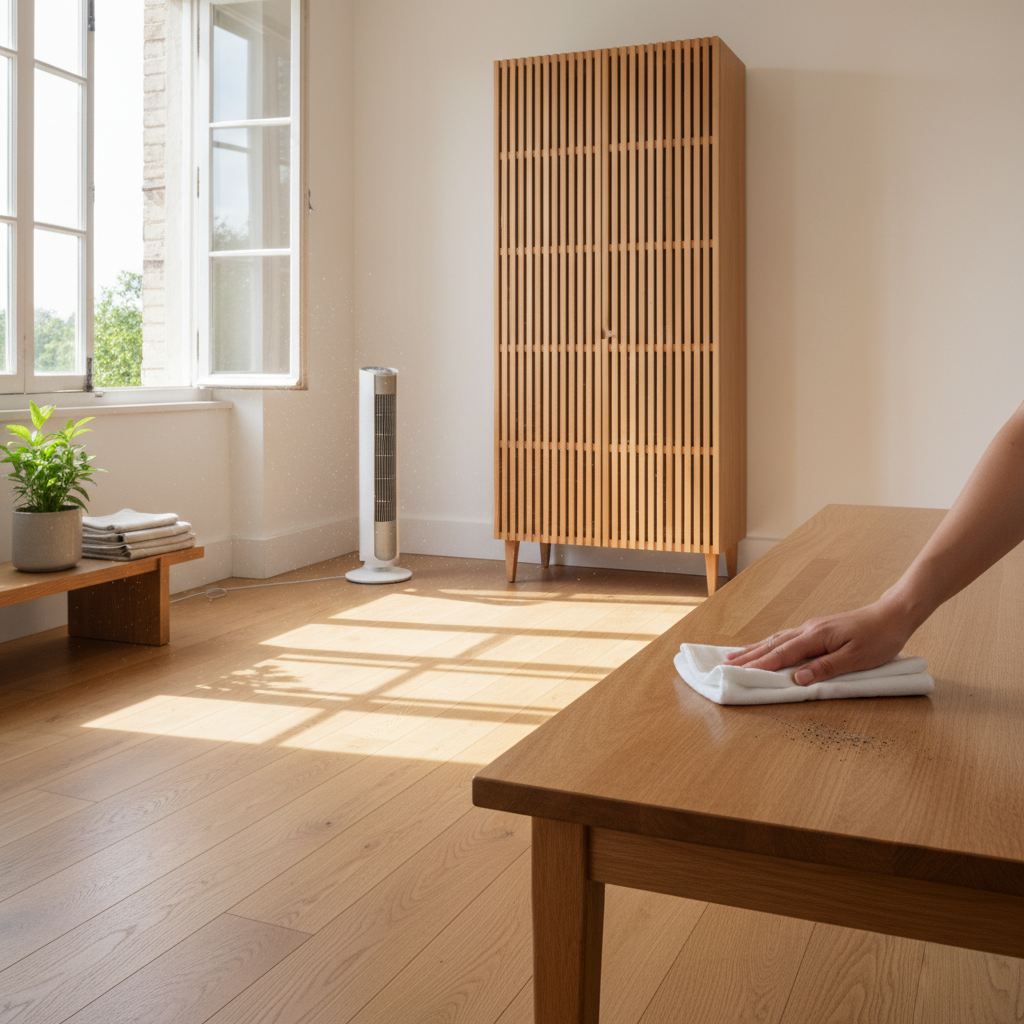 A bright and clean interior scene featuring a room with prominent wooden elements, such as a wooden floor or a large wooden cabinet. Sunlight streams through an open window, suggesting good ventilation, and a subtle fan is positioned to enhance air circulation. In the foreground, a person's hands are gently wiping a wooden surface with a soft, clean cloth, demonstrating the removal of loose dust or soot particles. The atmosphere is fresh and orderly, conveying a sense of methodical preparation. The style should be a modern, professional photo with a focus on natural light and clean lines.