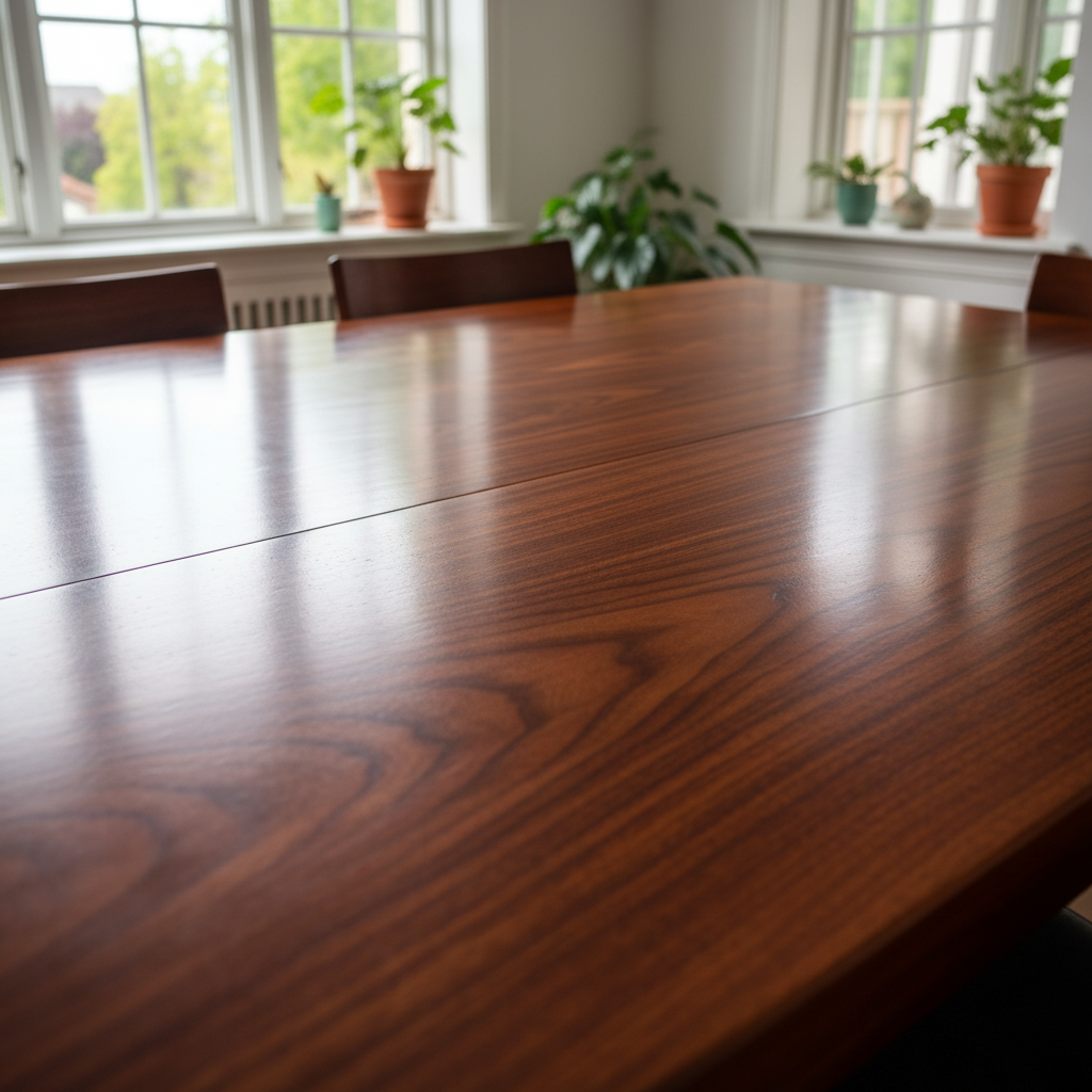 A high-quality, professional photo of a beautifully polished wooden dining table. The table surface glows with a warm, natural luster, reflecting soft light from an unseen window. A small, clean section contrasts subtly with a slightly less brilliant area, symbolizing the effect of proper cleaning. The photo captures the rich grain of the wood, conveying warmth and pristine condition. The setting is a bright, inviting home environment with soft, diffused lighting. Style: Professional product photography.