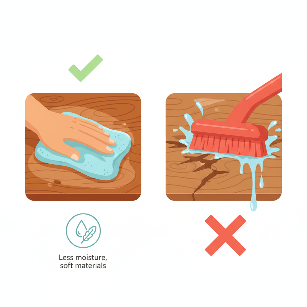 A vibrant, flat illustration depicting the concept of gentle and effective wood cleaning. On one side, a hand holds a soft, slightly damp cloth, gently wiping a clean, rich wooden surface. On the other side, a subtle 'X' mark is overlaid on an image of an aggressive scrubbing brush or a dripping wet sponge on wood, indicating what to avoid. The illustration highlights the 'less is more' approach with moisture and emphasizes soft materials. Style: Modern flat illustration with clean lines and a warm, inviting color palette of natural wood tones, greens, and soft blues.