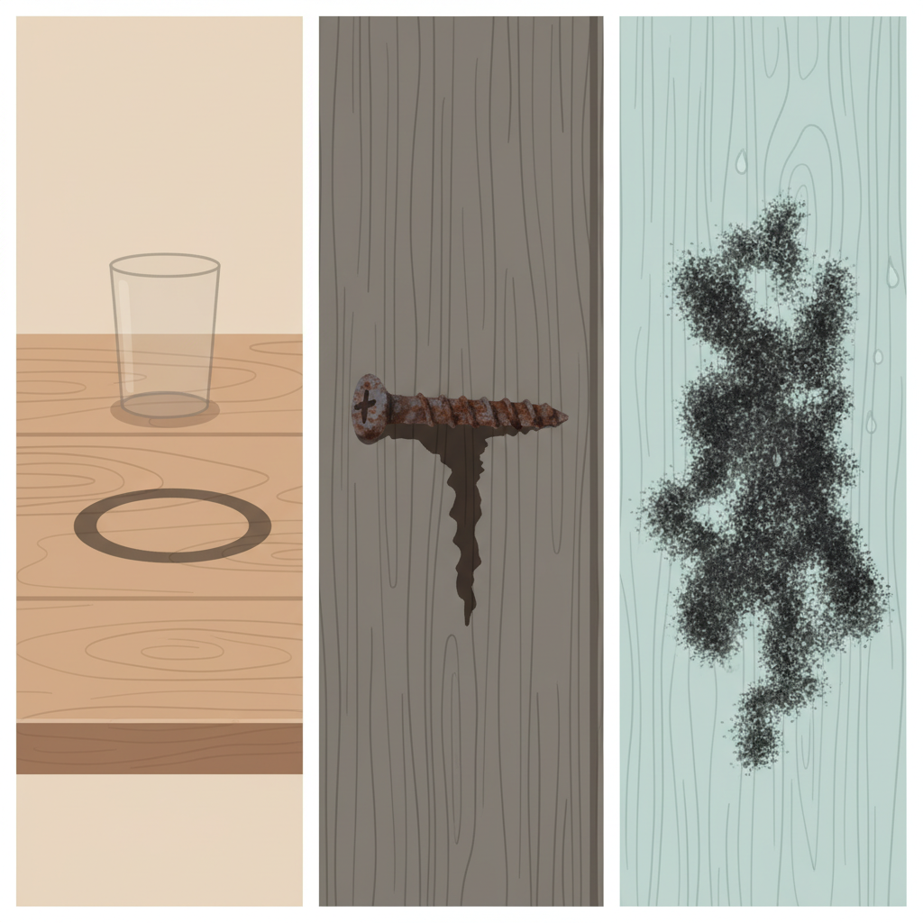 A clean, infographic-style illustration depicting three common causes of black stains on wood. The image is divided into three distinct sections. The first section shows a polished wooden surface with a dark, circular water stain where a water glass previously sat. The second section displays a piece of wood with a dark, elongated stain caused by a rusty metal screw resting on it. The third section illustrates a wooden panel with a patch of dark, speckled black mold growing on its surface, indicating dampness. The wood grain is subtly visible across all sections.