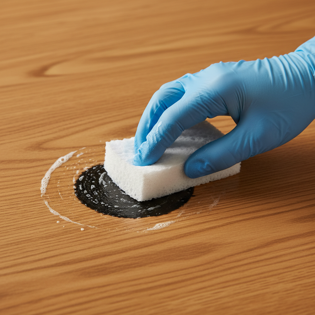 A professional, high-resolution close-up photo illustrating the removal of a black stain from wood. A gloved hand (e.g., a white or light blue disposable glove) holds a soft cloth or sponge, gently rubbing a prominent, deep black stain on a wooden tabletop or floorboard. The surrounding wood grain is visible and clean, highlighting the contrast with the dark blemish being treated. The focus is sharp on the hand, cloth, and the immediate stained area, with a softly blurred background. Realistic lighting emphasizes texture and detail.