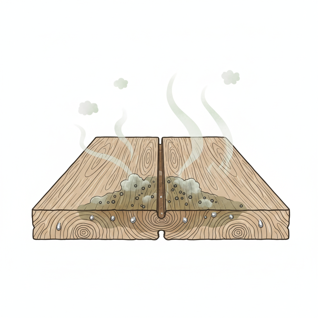 A detailed cross-section illustration of a wooden floorboard. Show moisture droplets visibly seeping between the planks and into the wood grain. Within the wood, depict microscopic mold spores and bacteria growing, represented by subtle greenish-grey patches and tiny dark dots. From these affected areas, subtle, wavy, unpleasant 'smell' lines or clouds emanate upwards, suggesting the odor. The style should be an intricate, slightly exaggerated diagrammatic illustration, with clear, clean lines and a focus on showing the hidden problem.