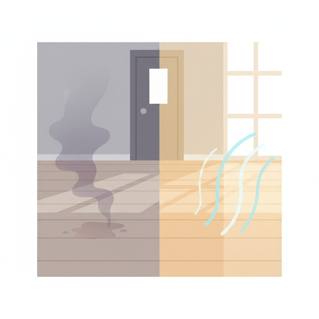 An inviting, bright flat illustration depicting a pristine wooden floor. On one side, a faint, dark, wavy cloud symbolizing an unpleasant odor subtly dissipates from a floorboard, possibly with a small, unidentifiable stain hinting at its source. On the other side, the same wooden floor radiates freshness, with bright, airy, subtle scent waves gently rising. The overall scene should convey a sense of a clean, healthy home environment, emphasizing the contrast between an unwanted smell and a fresh, pleasant atmosphere.