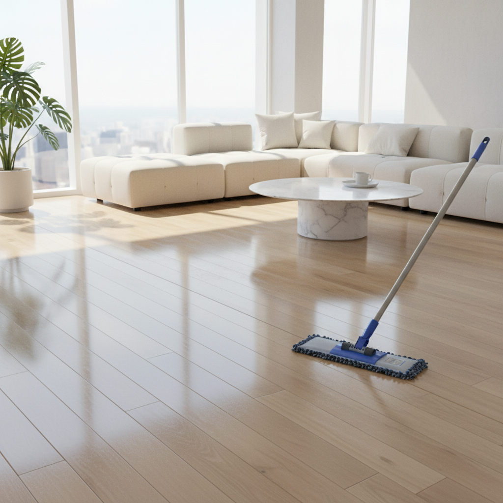A professional photo capturing a bright, modern living room with a beautiful wooden floor. One section of the floor appears slightly dull and dusty, while an adjacent section gleams, reflecting natural light from a nearby window, showcasing a pristine, freshly cleaned appearance. A microfiber mop is subtly positioned at the transition point, implying the cleaning process, but no person is explicitly shown, keeping the focus on the floor's transformation.