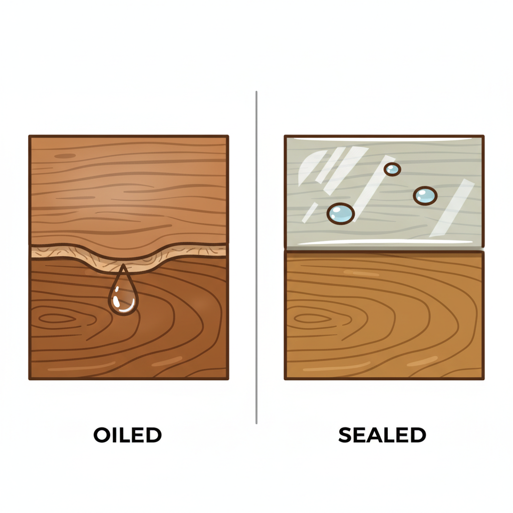 An infographic-style illustration depicting a cross-section or close-up comparison of two distinct wooden floor finishes. On the left, an 'oiled' wooden surface is shown with visible wood grain and a subtle, natural, slightly matte texture. On the right, a 'sealed' or lacquered wooden surface is presented with a clear, glossy protective layer on top, perhaps with a few perfectly beaded water droplets, highlighting its smooth, non-absorbent quality. Use clean lines and a clear visual distinction between the two surface types.