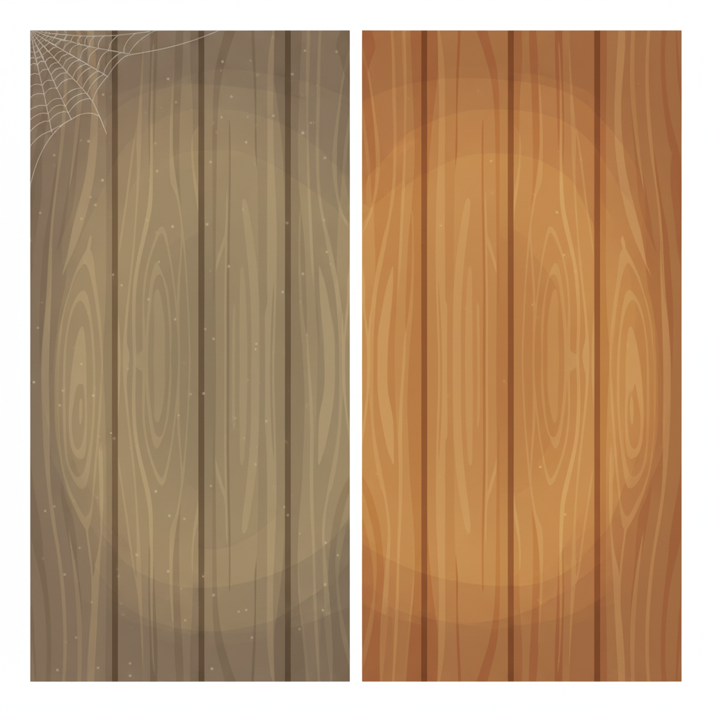 A visually compelling split-scene illustration of a wooden ceiling. On the left side, depict a segment of an aged, dull wooden ceiling, visibly coated with a fine layer of dust, subtle cobwebs in the corners, and perhaps a faint yellowish hue suggesting grime accumulation. On the right side, show the same wooden ceiling segment, but now immaculately clean, with its natural wood grain clearly visible, reflecting a gentle, warm light and appearing significantly brighter and more inviting. Use a clean, modern flat illustration style with soft shadows to emphasize the contrast and revitalization.