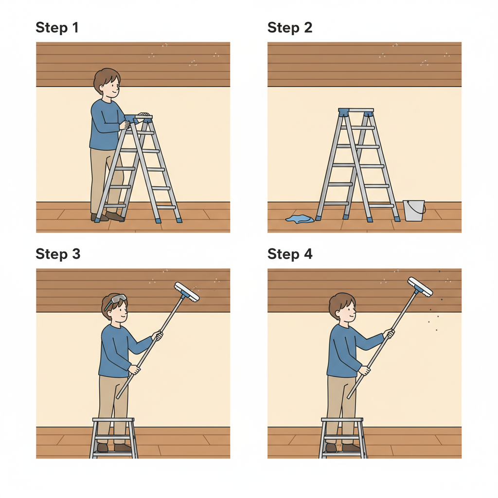 A dynamic, step-by-step flat illustration depicting the preparation for cleaning a wooden ceiling. In the foreground, a person is safely positioned on a stable stepladder, reaching up with a long-handled dust wiper or soft broom towards a wooden ceiling. Around the base of the ladder, neatly arranged, are other essential cleaning tools: several clean microfiber cloths, perhaps a small, empty bucket nearby, all suggesting readiness. The scene should convey a sense of methodical preparation and gentle action, emphasizing safety and the ease of the task with the right equipment. The wooden ceiling above should show a few subtle specks of dust before cleaning.