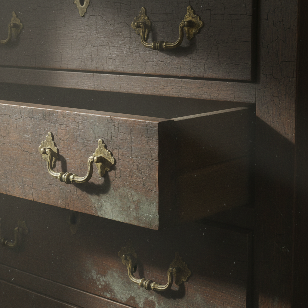 A close-up, professional photo of an antique wooden chest of drawers. The wood surface shows subtle signs of age and slight discoloration, hinting at moisture or lingering odors. One drawer is slightly ajar, revealing a dim, enclosed space within, suggesting stagnant air. The overall impression should be of an old piece of furniture that has absorbed unwelcome smells over time, needing refreshment. Focus on texture and light to convey a sense of a persistent, unpleasant atmosphere associated with the wood.