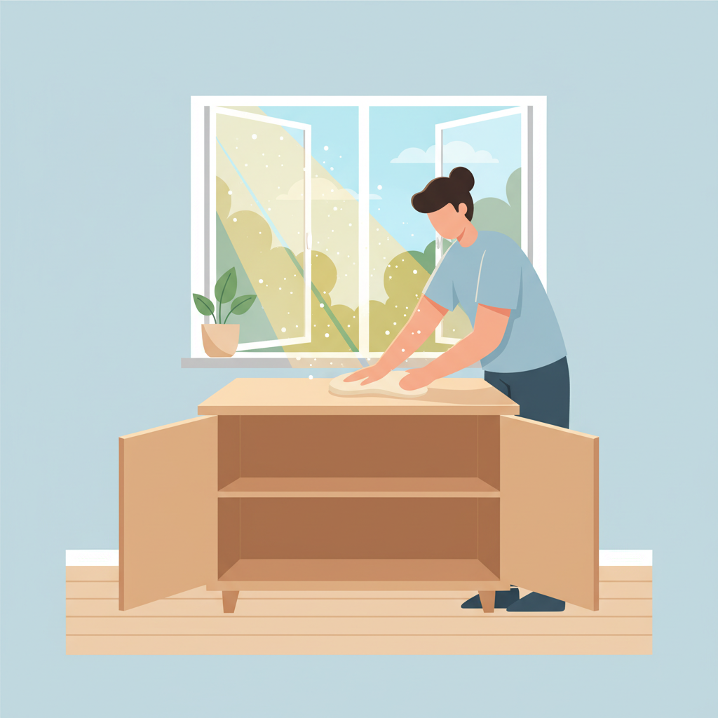 A bright, airy flat illustration depicting a person gently wiping down a wooden cabinet with a clean, light-colored cloth. Sunlight streams in through an open window in the background, illuminating dust motes and creating a sense of freshness and good ventilation. The cabinet's doors are wide open, symbolizing air circulation. The scene should exude a feeling of gentle care and effective cleaning, highlighting the initial steps to remove unpleasant odors from wooden furniture. Use a clean, modern color palette.
