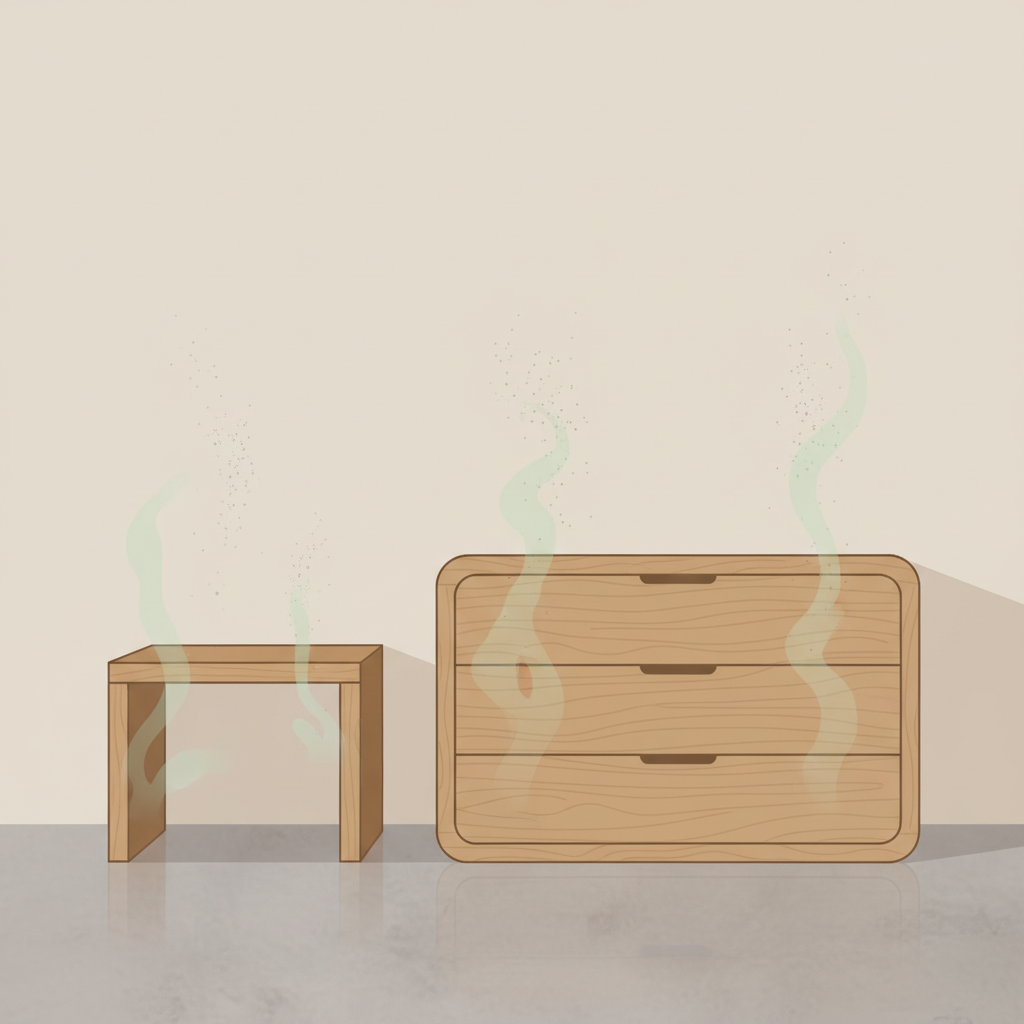 A clean, modern flat illustration depicting new wooden furniture, such as a dresser or table, placed in a minimalist room. Subtle, light green or gray wisps and particles are visibly emanating from the surfaces, edges, and seams of the furniture, floating upwards into the air. This visual representation symbolizes the release of volatile organic compounds (VOCs) and the 'new furniture smell'. The color palette should be muted and earthy for the furniture, with a slightly abstract, almost invisible rendering of the airborne particles.