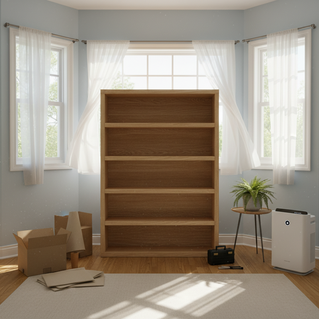 A bright and airy professional photo or realistic digital painting of a room where a newly unboxed wooden cabinet or bookshelf is prominent. The scene emphasizes intensive ventilation, with a large window wide open, allowing sunlight and a gentle breeze to stream in. Curtains might be subtly swaying, suggesting active air circulation. The overall atmosphere should convey freshness, cleanliness, and effective airing out of new items, highlighting natural light and a serene environment.