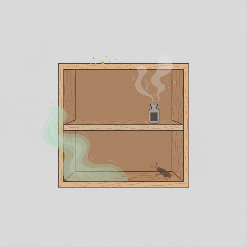 A detailed flat illustration depicting a cross-section of a wooden cabinet interior. Subtle, translucent visual elements represent various odor causes: a faint green mist indicating moisture and mold in one corner, wispy grey lines symbolizing chemical off-gassing, tiny, almost invisible crumbs suggesting food residue on a shelf, and a barely perceptible shadow of an insect in another area. The wood grain is visible, and the overall impression is clean yet hints at hidden issues. The style should be modern and infographic-like, using a muted color palette.