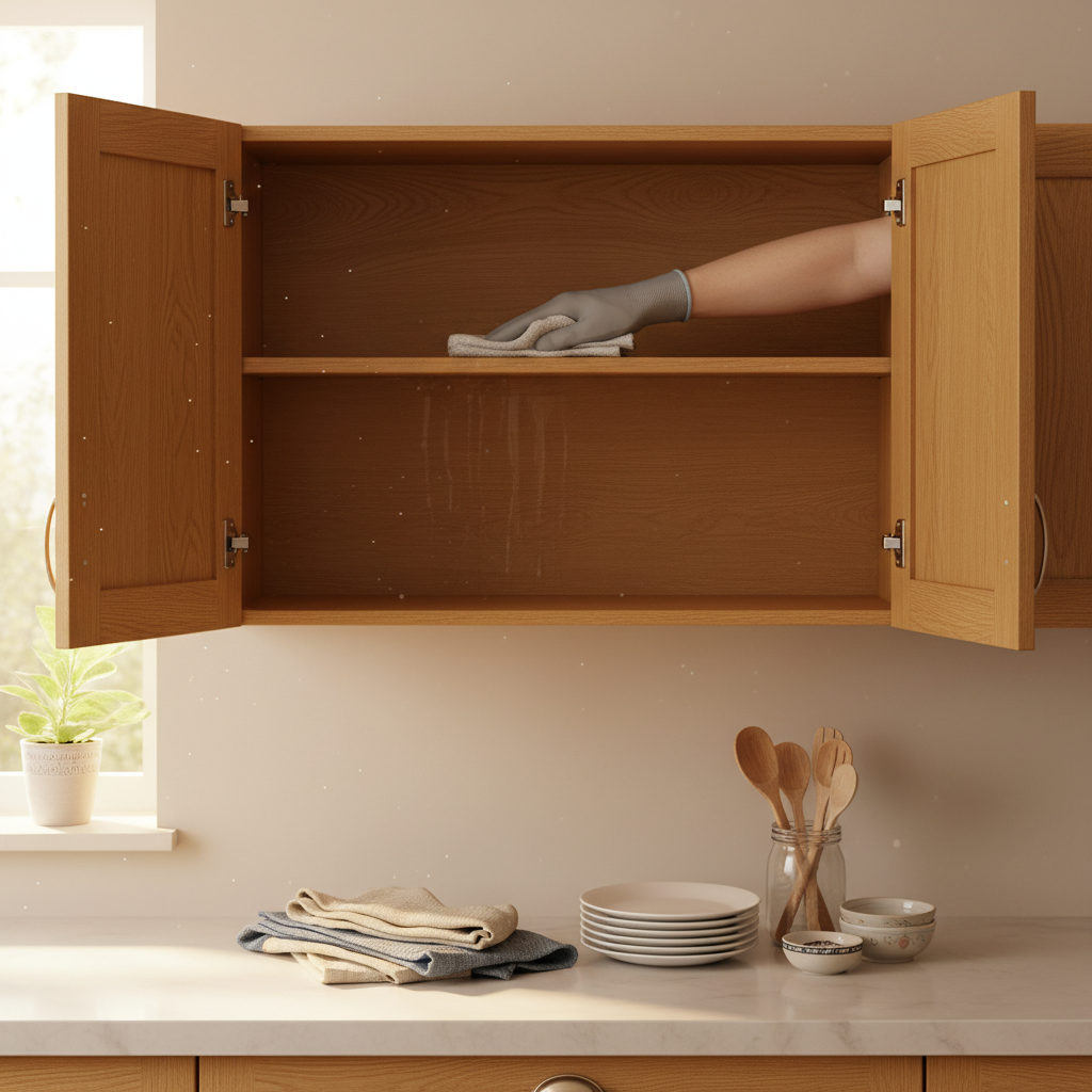 A professional, well-lit photograph capturing the initial preparation steps for a wooden cabinet. The cabinet doors are wide open, revealing a clean, empty interior. A pair of hands, possibly wearing gloves, is seen gently wiping the interior surfaces of the cabinet with a clean, damp cloth. In the foreground, neatly stacked items that were removed from the cabinet are visible, creating a sense of organized decluttering. The image conveys a feeling of freshness, cleanliness, and proactive care for furniture, using warm, inviting lighting.