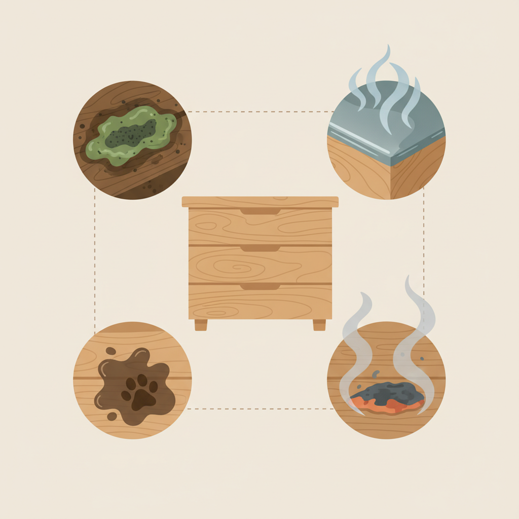 A flat illustration depicting various sources of unpleasant wood odors. The central element is a wooden surface or piece of furniture (e.g., a chest of drawers or floorboard). Around it, smaller vignettes or visual cues emerge: a patch of green/black mold on damp wood, wisps of chemical fumes rising from a freshly varnished area, a stylized liquid stain with a paw print next to it on the wood, and smoke swirling around a section of the wood. The overall impression should be of different factors contributing to a single problem, with a clean, modern aesthetic.