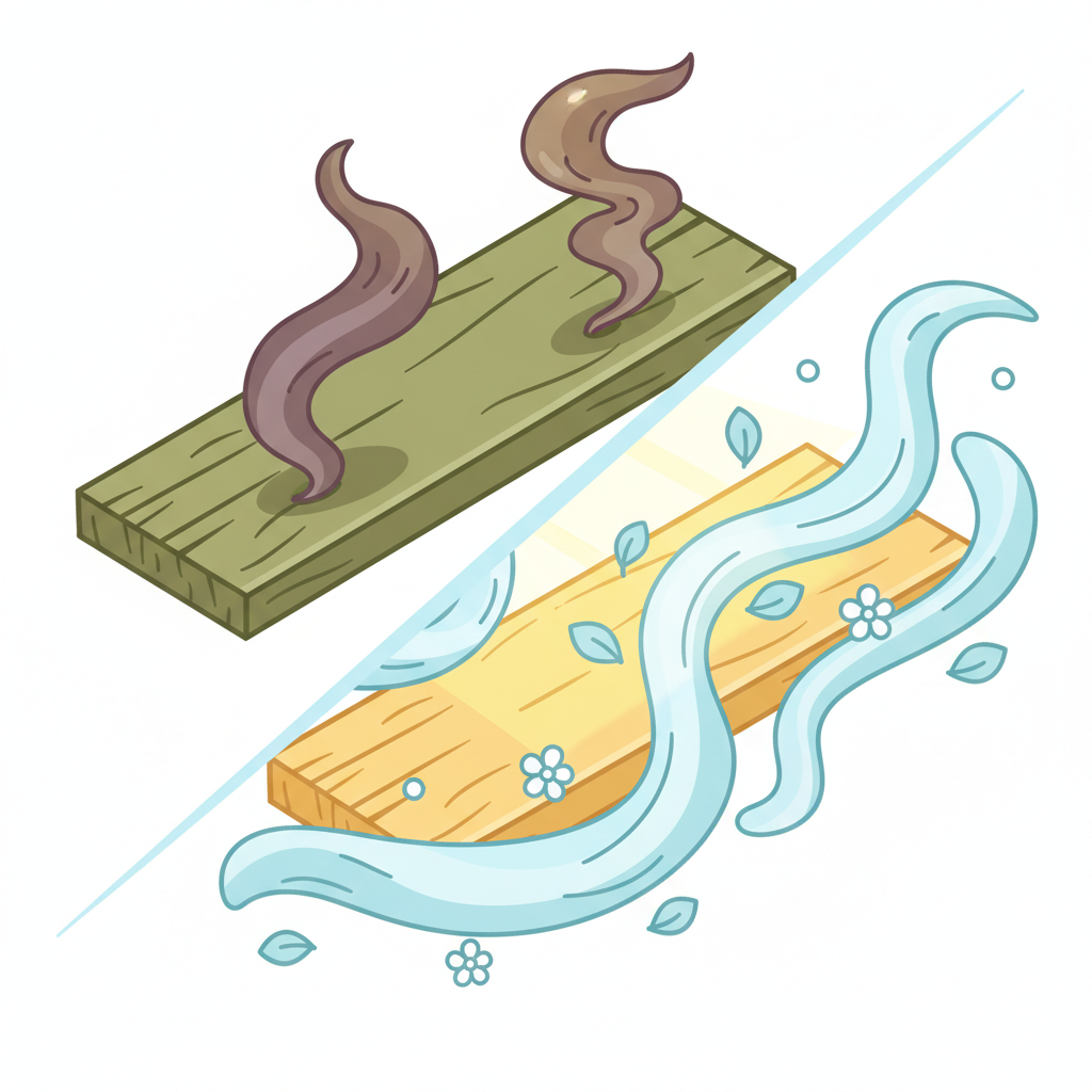 A vibrant, bright flat illustration depicting a transformation from unpleasant wood odor to freshness. On one side, a subtly discolored, slightly shadowed wooden surface or furniture piece (e.g., a wooden table or shelf) emits faint, murky wavy lines representing bad odor. On the other side, the same wooden surface is visibly brighter, cleaner, and illuminated by a soft light source (like sunlight streaming in), with clear, gentle air currents or abstract floral/leaf-like elements subtly swirling around it to symbolize freshness and cleanliness. A clear visual divider or gradient effect should emphasize the 'before' and 'after' state, focusing on visual freshness and purity.