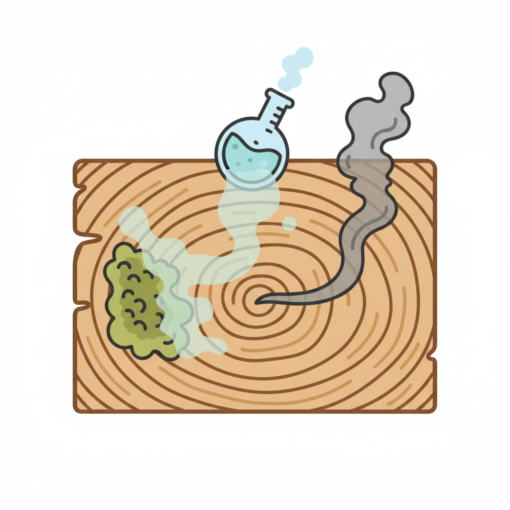 A vibrant flat illustration depicting a stylized cross-section of a wooden plank. Different types of unpleasant odors are visually represented as distinct, colored fumes or symbols actively penetrating and being absorbed into the wood's grain. On one side, a small patch of green mold with misty vapors signifies biological odors from moisture. Elsewhere, a stylized chemical flask symbol emits subtle, light blue fumes representing new furniture off-gassing. A wisp of grey smoke drifts from above, deeply embedding itself into the wood. The wood itself should show a detailed, clean grain pattern, emphasizing the absorption. The overall impression is clear and infographic-like, illustrating the causes of wood odor.