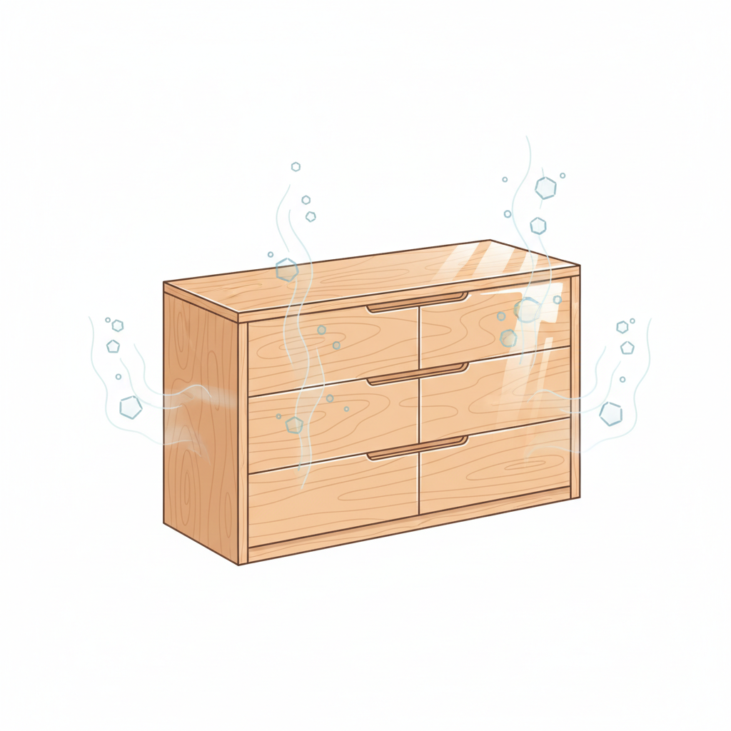 A detailed flat illustration depicting a sleek, modern wooden chest of drawers or a simple table. Subtle, stylized 'fumes' or small, abstract molecular shapes are shown subtly emanating from specific parts of the furniture: distinctively from the glue lines where panels meet, from the shiny lacquered surface, and gently from the wood grain itself. The background is clean and minimalistic, emphasizing the furniture and the emanating elements. The overall feeling is clean and informative, highlighting the various sources of new furniture odor without being overtly negative.