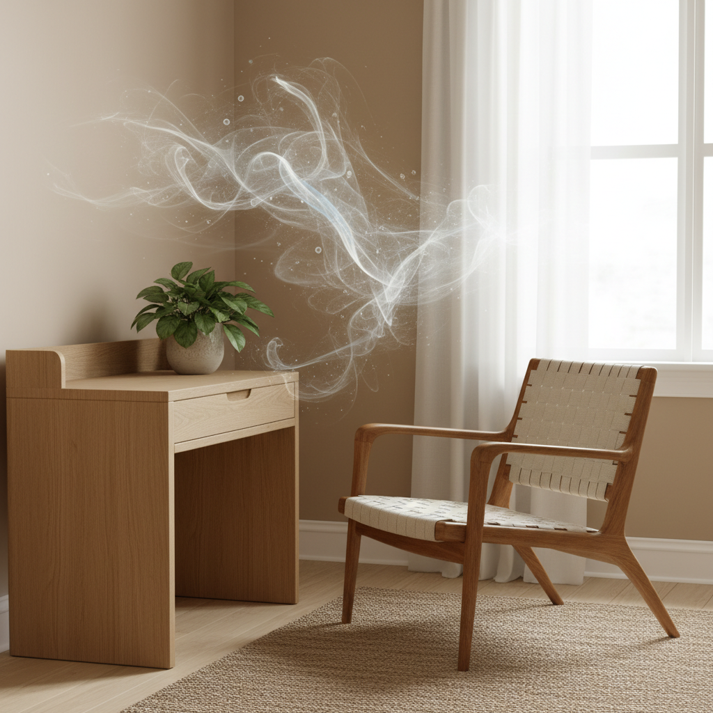 A professional photo illustrating a bright, inviting living room corner featuring a newly placed, stylish wooden armchair or small desk. The air above and around the furniture is subtly rendered with a very faint, almost transparent haze or a few abstract, swirling lines, visually representing the unseen volatile organic compounds (VOCs) being released into the clean environment. The overall mood is slightly contemplative, suggesting a common problem associated with new items, ready for a solution.