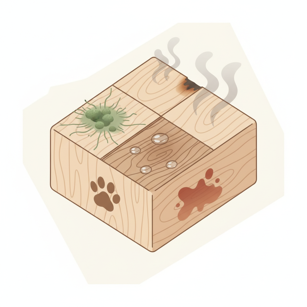 An infographic-style illustration showcasing various common sources of unpleasant wood odors. The central element is a piece of wood, subtly divided into different sections. One section shows faint green mold spores clinging to its surface, another has delicate smoke wisps curling off it, and a third depicts tiny water droplets soaking into the grain, indicating moisture damage. Perhaps a subtle, stylized pet paw print or a food stain could be incorporated into other sections. The background is clean and minimalistic, allowing the detailed representations of the odor sources to stand out clearly.