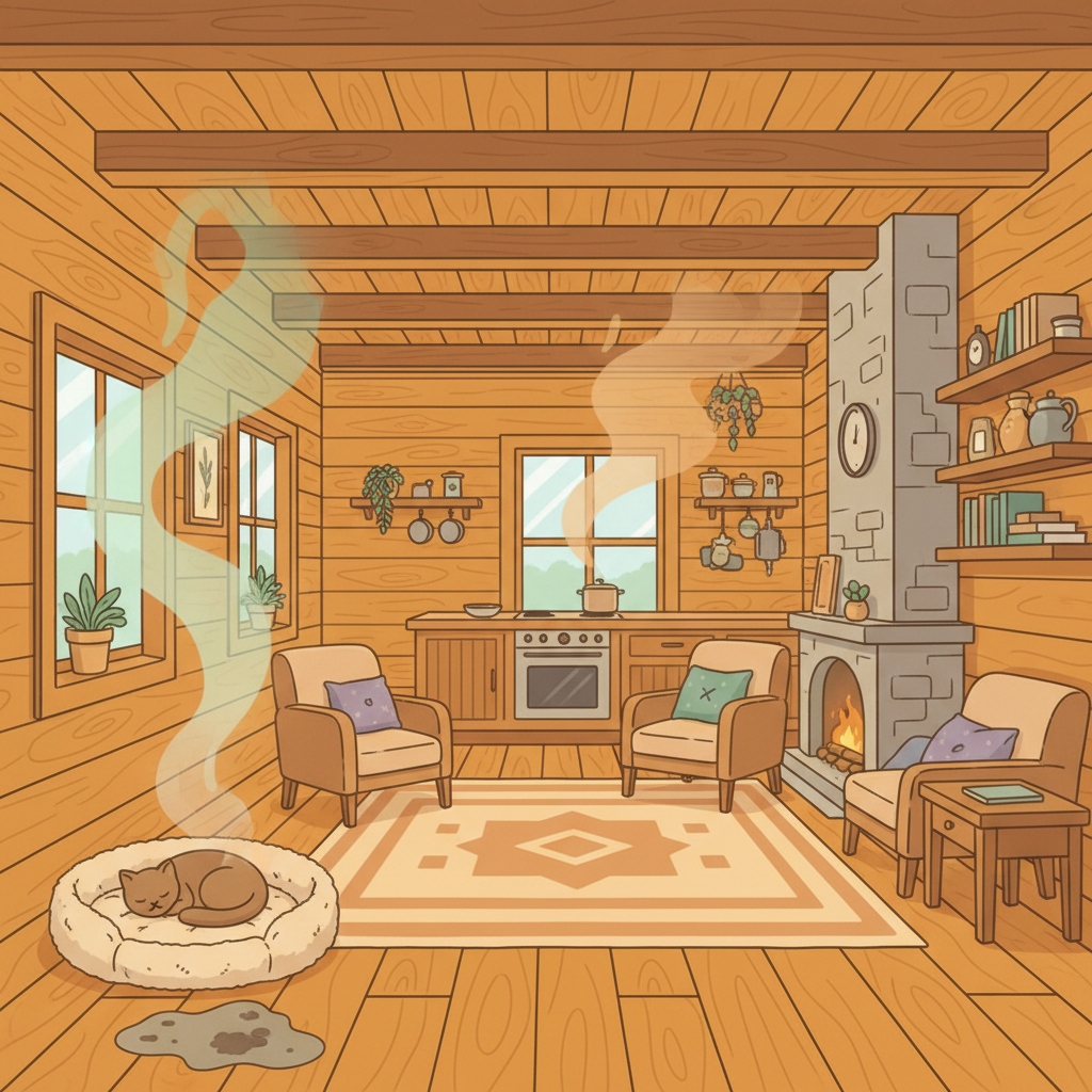 A warm, cozy interior of a wooden house, rendered in a detailed flat illustration style. The scene subtly depicts various sources of unpleasant odors. In one corner, a faint, almost transparent greenish mist emanates from a freshly treated wooden wall section. Nearby, a slightly discolored, damp-looking patch on the wooden floor hints at moisture and potential mold, with a faint grey wisp rising. A small, cozy pet bed is visible, with a very subtle, light brown aura indicating pet odors. Further in the background, a distant kitchen area shows a wispy, light orange vapor suggesting cooking smells, all without being overtly negative or overwhelming the cozy feel.