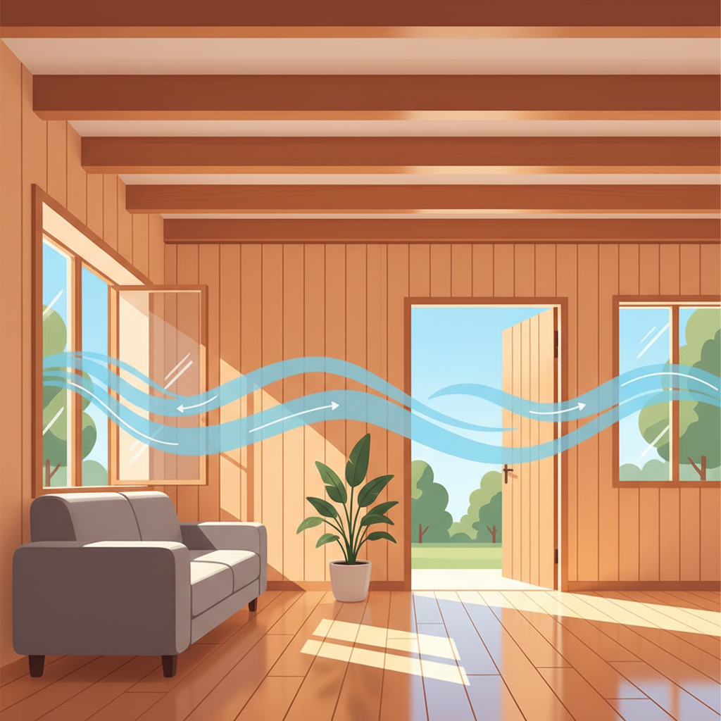 A bright and inviting interior of a modern wooden house, depicted in a clean, infographic-style illustration. Large windows and a doorway are wide open, showing a clear, strong cross-breeze. Stylized, light blue wavy lines with subtle arrows clearly indicate fresh air flowing into the house through one window, moving across the room, and expelling stale air through another open window and the doorway. Sunlight streams in, illuminating the fresh air currents, emphasizing cleanliness and a renewed, fresh atmosphere. The wooden elements of the house should appear pristine and vibrant.
