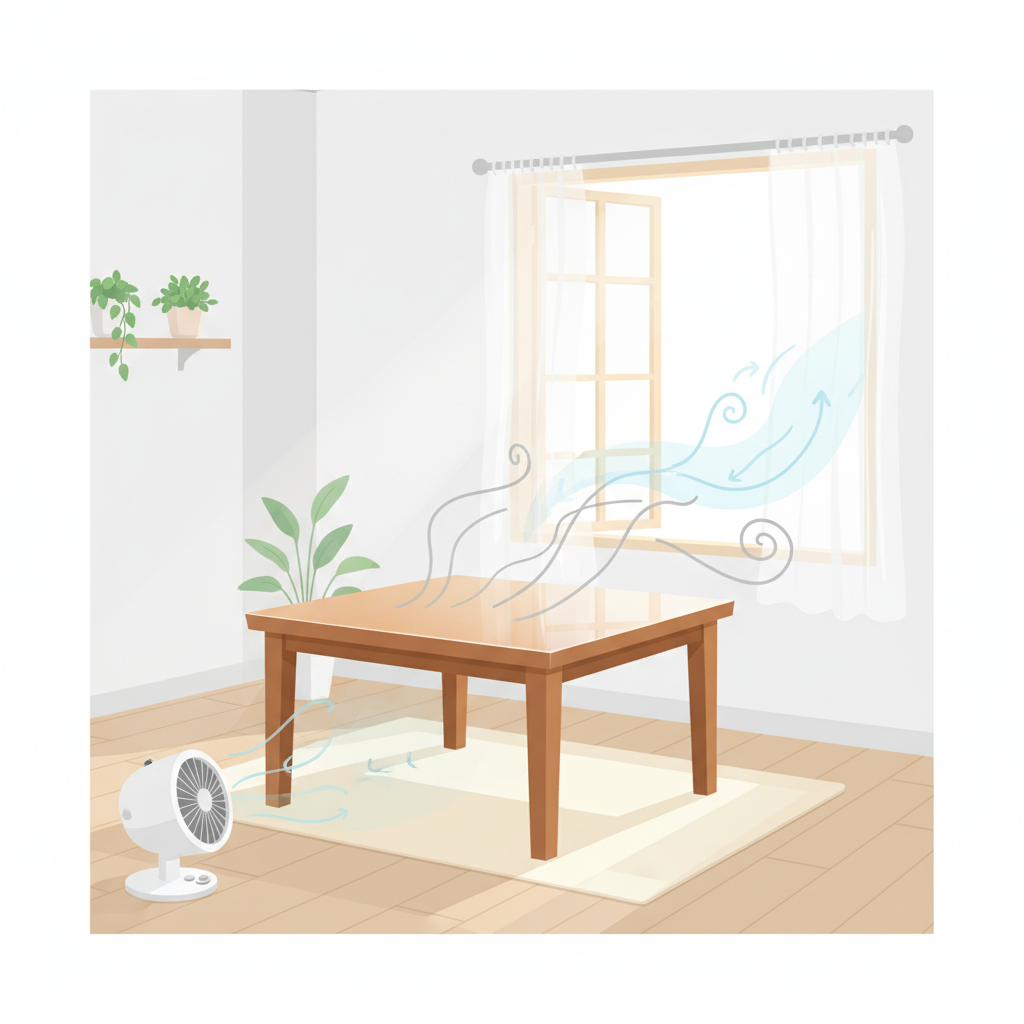 A bright, airy flat illustration depicting a minimalist room with a recently varnished wooden table in the center. From the table, faint, wavy grey lines symbolizing the lingering odor gently waft towards an open window, where a gentle breeze (represented by subtle blue air currents or light movement in sheer curtains) is visibly pulling the smell outwards. A small, oscillating fan on the floor discreetly assists in air circulation, pushing the grey lines towards the window. The overall atmosphere should convey relief and freshness, with soft lighting and clean lines.