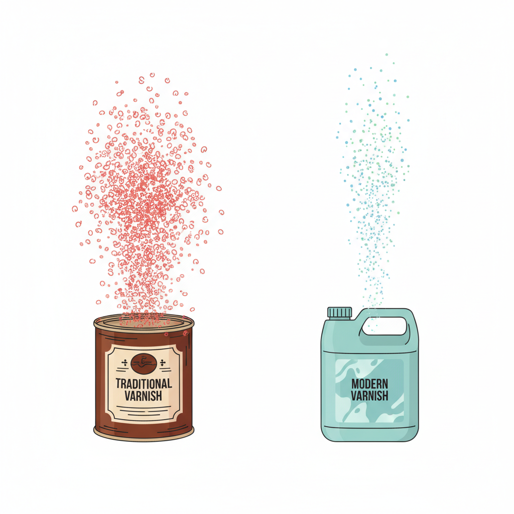 An engaging infographic style illustration contrasting two types of varnish. On the left, a traditional-looking varnish can emits numerous small, swirling red particles into the air, representing high VOCs, with a sense of dense, heavy emanation. On the right, a more modern, lighter-colored varnish can emits significantly fewer, lighter blue or green particles that disperse quickly and harmlessly. The background should be clean and white, emphasizing the visual comparison of particle density and dispersion from each can, clearly illustrating the difference in volatile organic compound release.