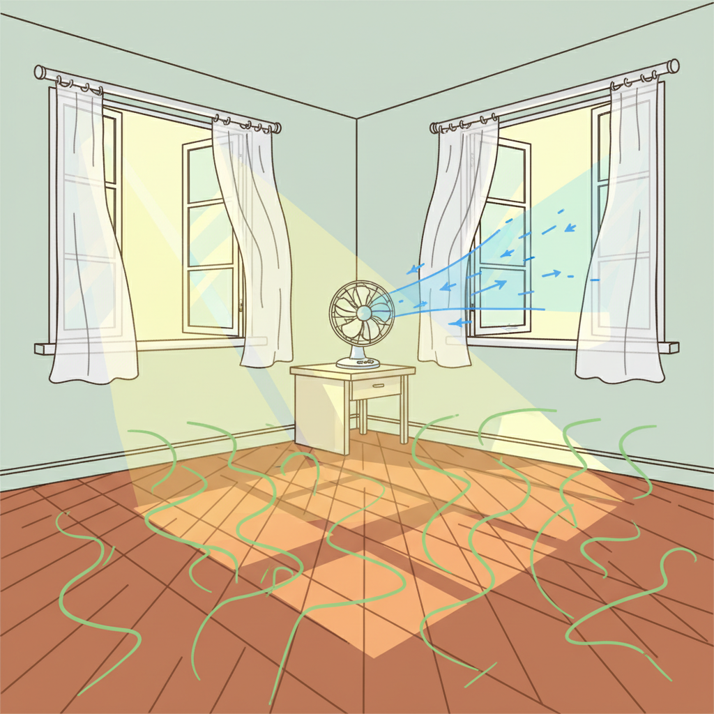 A vibrant, clean flat illustration depicting a freshly stained wooden floor in a cozy room. Wavy, slightly unpleasant green-tinted lines visibly emanate from the floor, representing the lingering wood stain odor. To combat this, two large windows on opposite walls are wide open, creating a strong cross-breeze. A desktop fan is strategically placed to direct the air towards an open window, pushing the 'smell' out. Sunlight streams into the room, highlighting the fresh air movement. The overall impression is one of active ventilation and a gradual clearing of the air.