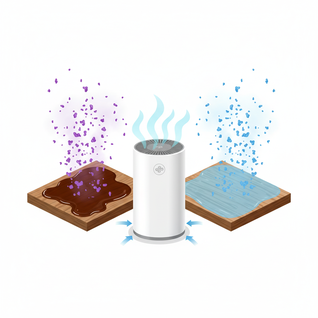 An infographic-style illustration showcasing the origin and removal of wood stain odors. On the left, a detailed wooden plank with a fresh, glossy dark stain applied. From the stained surface, numerous small, purple, irregularly shaped particles (representing VOCs) are visibly rising and dispersing into the air. On the right, the same wooden plank with lighter, less dense blue particles rising, indicating a water-based stain. A sleek, modern air purifier with a subtle activated carbon filter icon is positioned, actively pulling in and trapping these particles, with clean, clear air circulating away from the purifier. The style is clean, precise, and educational.