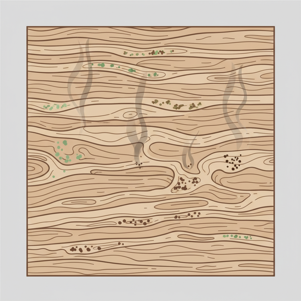 A detailed, schematic flat illustration depicting a cross-section of a wooden surface, clearly showing its porous structure with tiny channels and grain. Various stylized, colored particles representing different types of odors (e.g., faint green for chemical, brown for musty, grey for smoke) are visibly trapped within these pores and embedded in the wood fibers. Wisps of these odors are subtly shown emanating from or being absorbed into the wood, highlighting the concept of odor retention. The background is clean and neutral, emphasizing the wood's structure and the trapped odor molecules.