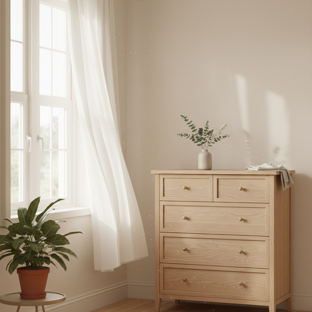 A professional photo of a beautifully crafted, light-colored wooden chest of drawers or a similar piece of furniture, positioned in a well-lit room. A large window, partially open, allows bright natural daylight and a gentle breeze to enter the scene. The subtle movement of a sheer curtain near the window hints at air circulation. The furniture appears fresh and clean, with a serene atmosphere that conveys the idea of natural ventilation and the removal of unwanted odors, suggesting a renewed freshness.