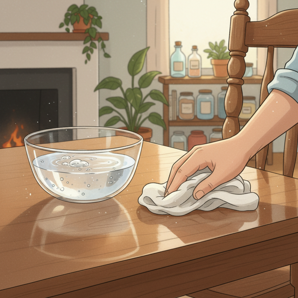 A warm and inviting scene showcasing natural remedies for wooden furniture. On a polished wooden table, a clear glass bowl contains a mixture of white vinegar and water. A clean, soft cloth is partially submerged in the solution, and another part of the cloth is gently wiping a section of an old wooden chair or table leg. The background is softly blurred, hinting at a cozy home environment. The illustration should have a natural, bright, and slightly rustic aesthetic, emphasizing homemade, effective solutions.