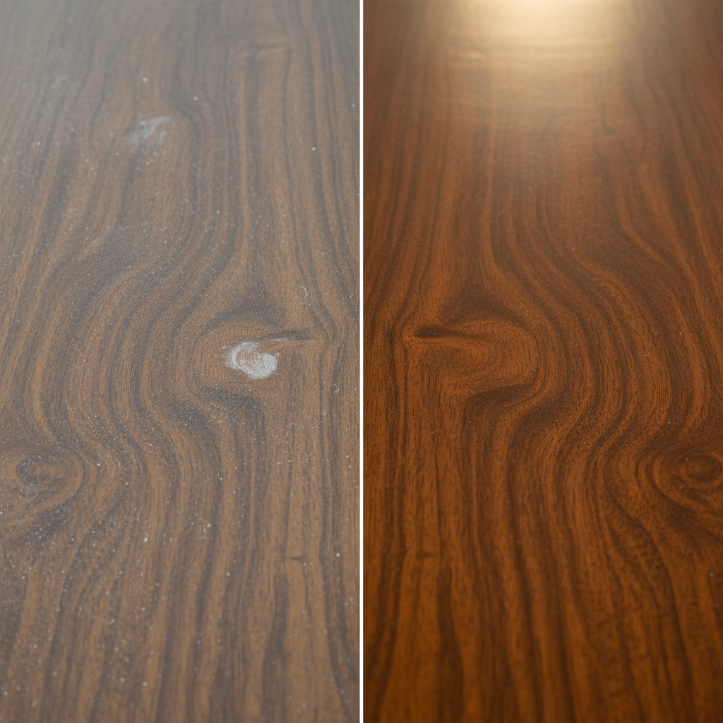 A vibrant split-screen image or a clear 'before and after' comparison. On the left, a section of a wooden tabletop appears dull, lightly covered in dust particles and perhaps a faint water stain, lacking luster. On the right, the exact same section of the wooden tabletop gleams with a rich, deep shine, reflecting light beautifully, free of any imperfections. The wood grain is clearly visible and vibrant, conveying a sense of renewed beauty and pristine cleanliness. This should be a professional photo, emphasizing the transformative effect of proper cleaning and care on wooden furniture.