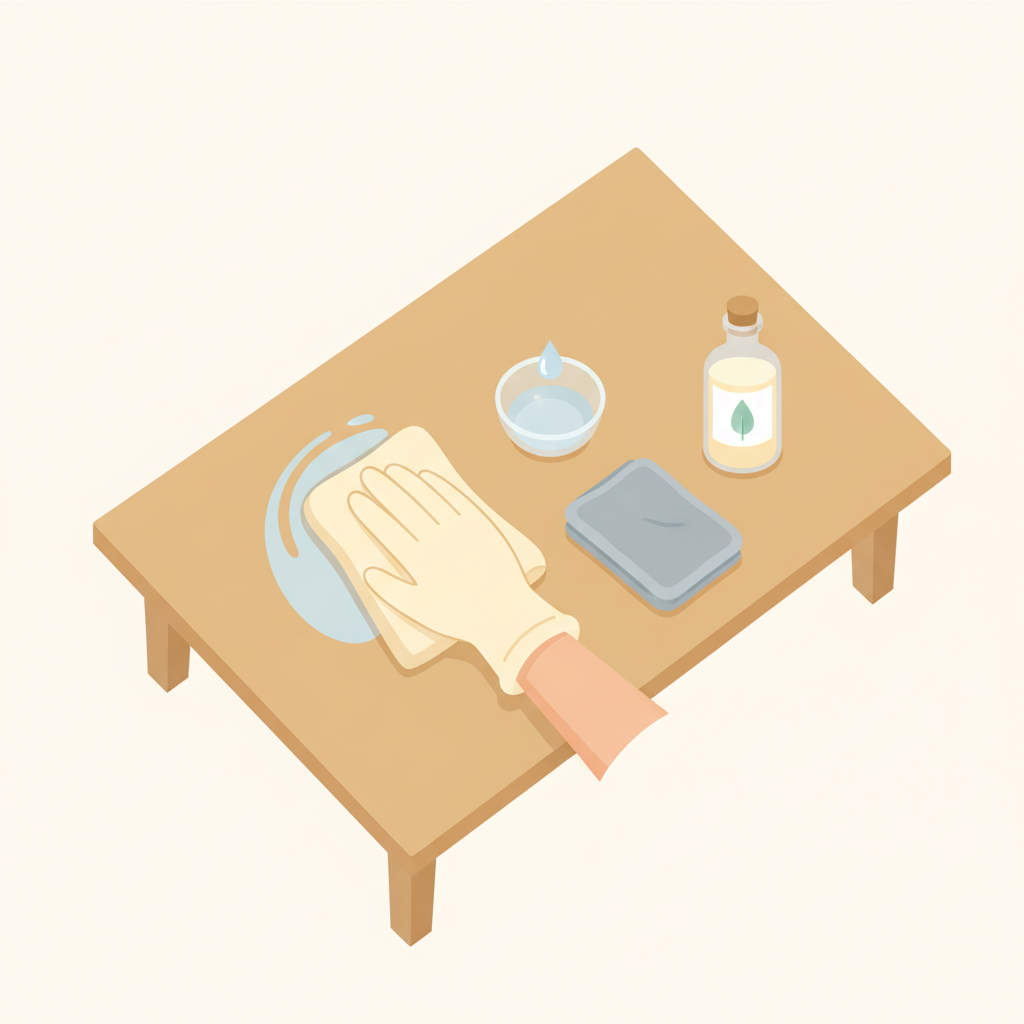A top-down view or an angled shot of a gentle hand (perhaps wearing a soft cloth glove or holding a microfibre cloth) in the process of carefully wiping down a smooth, finished wooden surface, like a modern coffee table or a desk. Adjacent to the cleaning action, an array of typical wood cleaning supplies is neatly arranged: a small bowl with a clear liquid (implying water or a mild cleaner), a soft, folded microfibre cloth, and possibly a minimalist bottle of wood polish or oil. The overall aesthetic should be clean, bright, and reassuring, using a flat illustration style with soft colors to convey ease and effectiveness of furniture care.