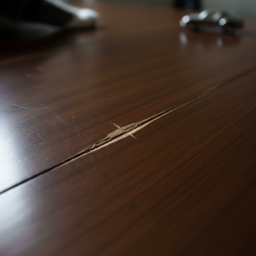 A high-resolution, professional close-up photo of a dark wooden surface (e.g., a polished tabletop or floorboard) exhibiting a distinct, linear scratch running across its grain. The ambient lighting highlights the depth and texture of the scratch, creating a visually unappealing imperfection. In the very soft, blurred background, subtle hints of potential causes are visible, such as the indistinct silhouette of a pet's paw or the faint shadow of a small, fallen household item, subtly implying the origin of such damage. The sharp focus remains entirely on the damaged wood texture.