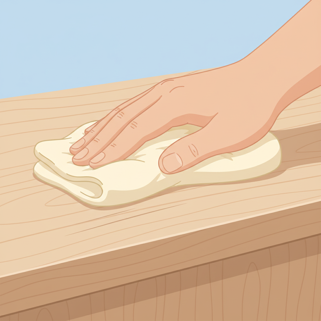 A clean and bright flat illustration depicting a close-up view of a human hand, gently wiping a light-colored wooden surface (like a desk or cabinet panel) with a soft, slightly damp cleaning cloth. A faint, thin scratch is subtly visible on the wood in the area being cleaned. The illustration emphasizes the meticulous and preparatory step of cleaning before attempting any repair. The wood grain is softly depicted, and the cloth appears plush and absorbent. The overall impression is one of careful maintenance and readiness for restoration.
