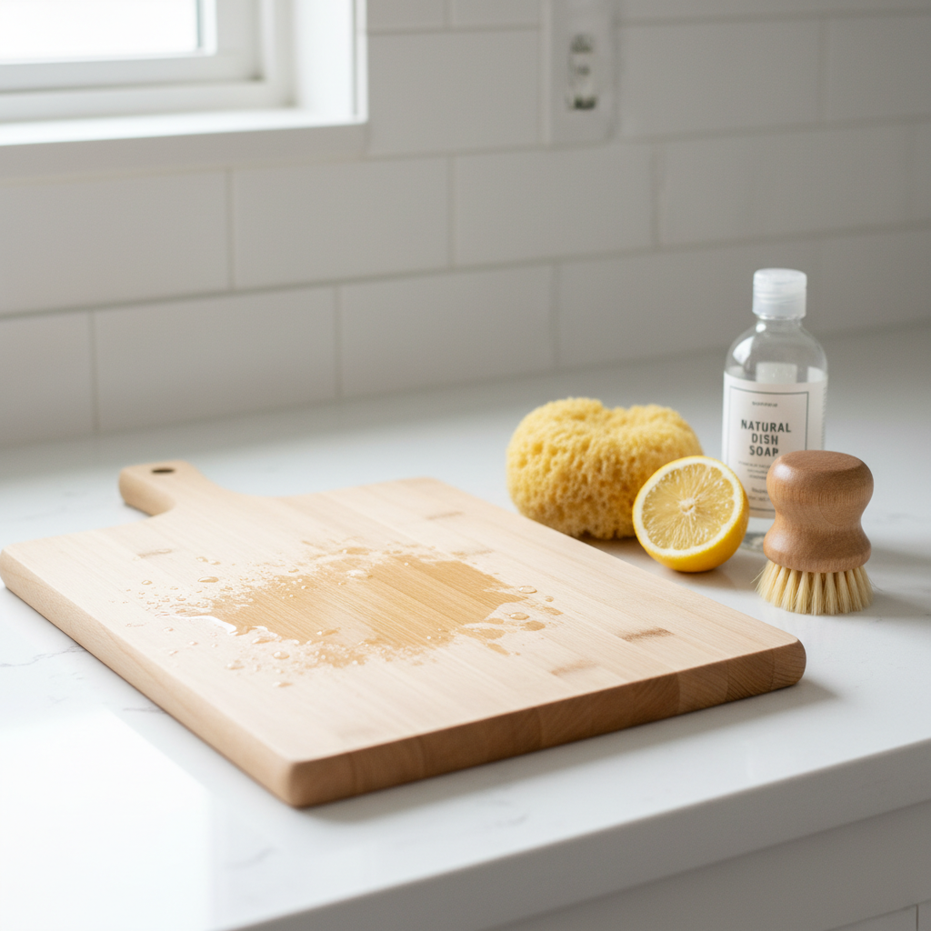 A professional photo of a pristine, light-colored wooden cutting board resting on a clean kitchen counter. Next to it, a few essential cleaning items are neatly arranged: a soft, damp sponge, a small bottle of natural dish soap, half a lemon, and a small, stiff-bristled brush. Gentle droplets of water are visible on the board's surface, indicating a recent cleaning. The scene is bright, airy, and conveys a sense of freshness and hygienic cleanliness.