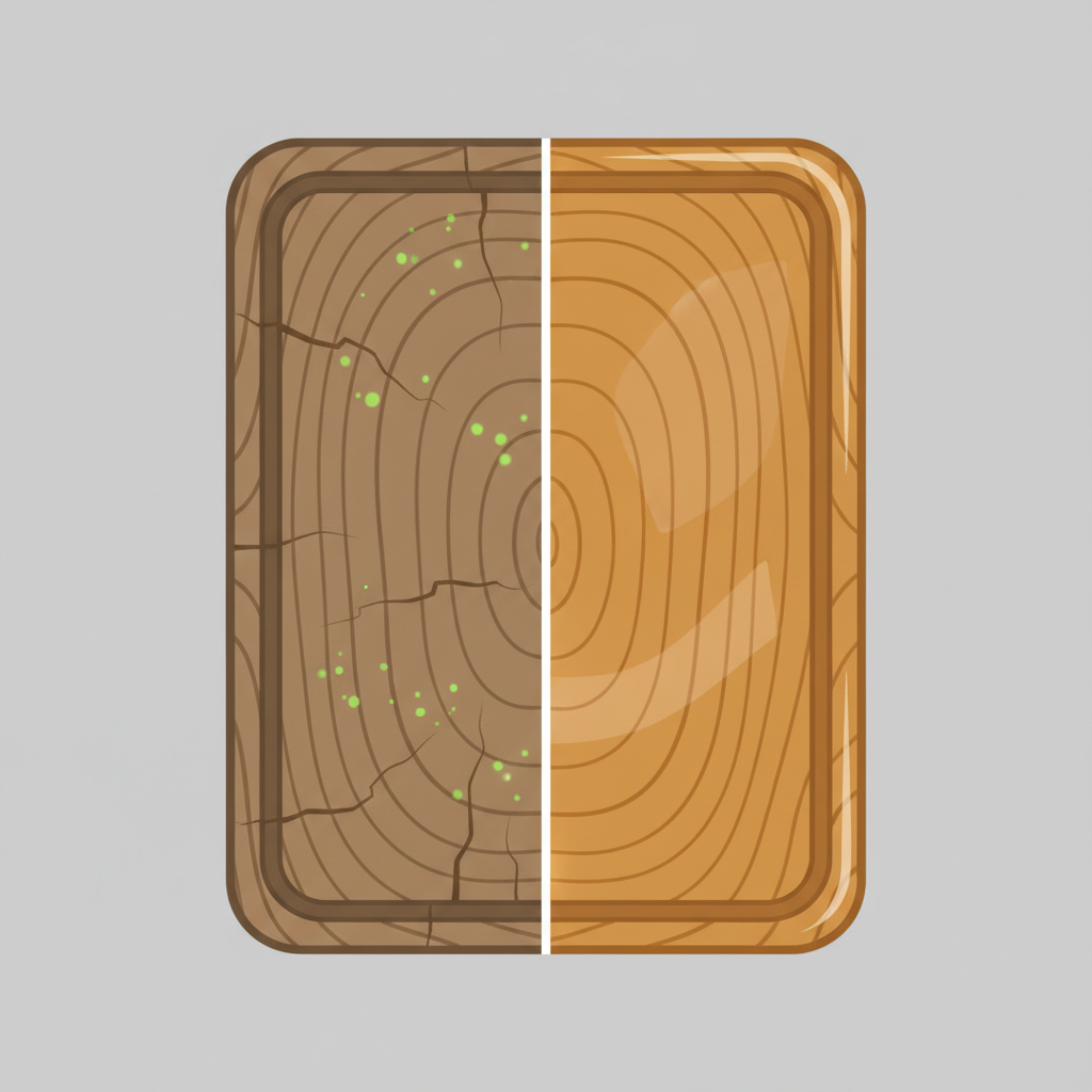 A stylized infographic illustration depicting a 'before and after' comparison of a wooden cutting board. On the 'before' side, a dull, slightly discolored wooden board shows subtle, almost microscopic cracks in its grain, with faint, glowing green dots subtly suggesting hidden bacteria within the pores. On the 'after' side, the same board appears vibrant, smooth, and well-oiled, with a warm, healthy sheen, free of any imperfections or bacterial suggestions. The overall aesthetic is clean and modern, emphasizing the transformation through proper care.