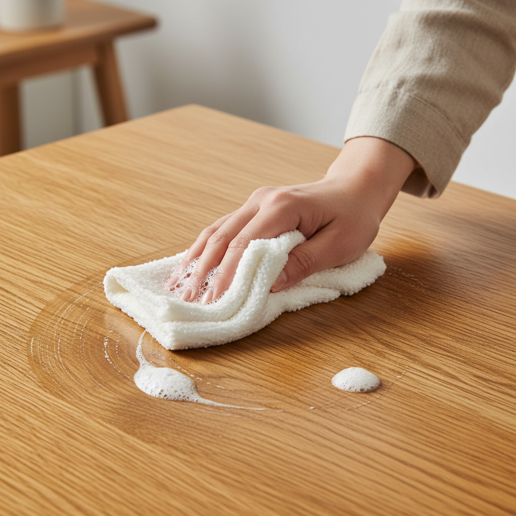 A professional studio photograph capturing a close-up of a hand gently wiping a section of a beautiful, warm-toned wooden tabletop with a soft cloth soaked in a creamy, slightly foamy wood soap. The cleaned area of the wood subtly gleams with a healthy, nourished luster, while an adjacent section still shows a faint, duller patina, illustrating the restorative effect. Soft, natural lighting highlights the wood's grain and texture, conveying a sense of gentle care and cleanliness.