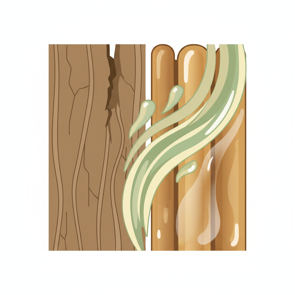 A detailed flat illustration depicting a conceptual cross-section of wood fibers. On one side, the fibers appear slightly dry and brittle, with stylized cracks, hinting at damage from harsh cleaners. On the other side, a gentle, flowing stream of 'Holzseife' (represented by abstract swirls of plant-based oils and mild cleaning agents) is shown enveloping and nourishing the wood fibers, making them appear plump, healthy, and protected. A subtle protective sheen forms over the cared-for fibers. Colors are soft and earthy.