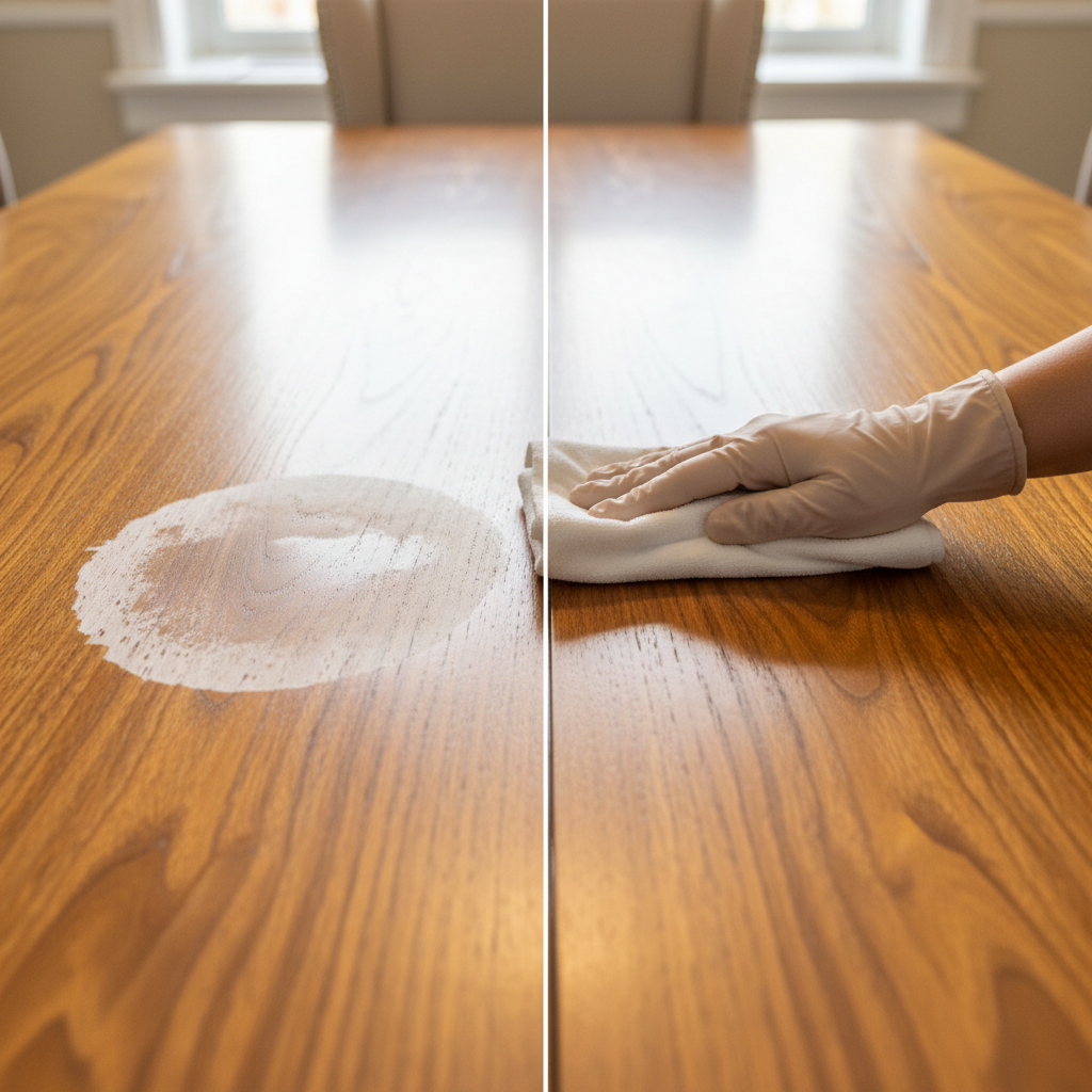 A professional, well-lit photo of a warm-toned wooden dining table. One side of the image shows a prominent, circular water stain on the polished surface, signifying the 'before' state. The other side, seamlessly integrated, depicts the same area of the table looking impeccably clean and restored, with a soft sheen, representing the 'after'. In the transition zone, a gloved hand gently wipes the wood with a soft cloth, subtly suggesting the cleaning process. Focus on rich wood grain and the contrast between the damaged and restored finish.
